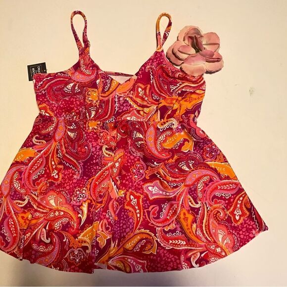 🛍️Swim Solution Plus Size Printed V- Neck Tankini Swimwear Fuschia pink Top 18W - Picture 8 of 10